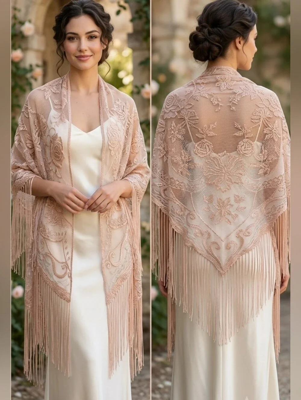Floral Lace Fringe Shawl Scarf Wrap in Cream Blush Beige